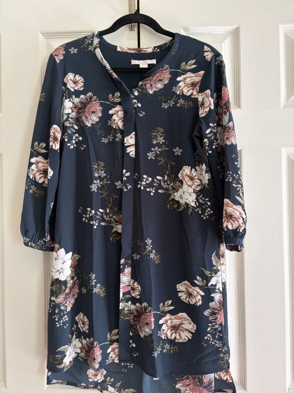 Navy Floral Long-Sleeve Shift Dress with Tie Neck